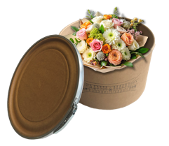Boîte ronde carton avec un bouquet de fleurs